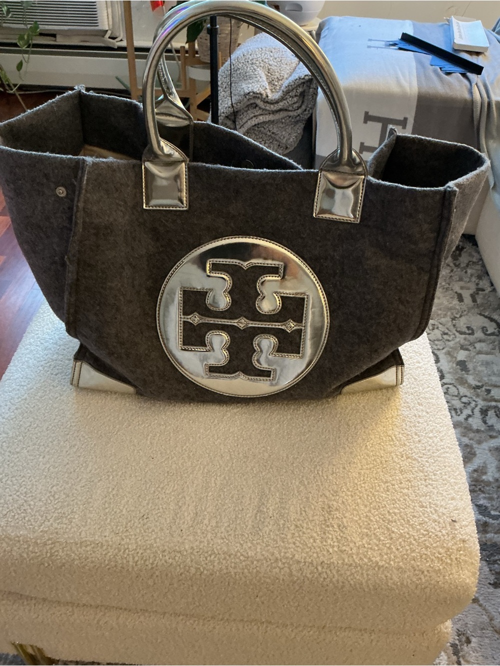 Tory Burch Gray Ella Tote with Silver Logo and Handles